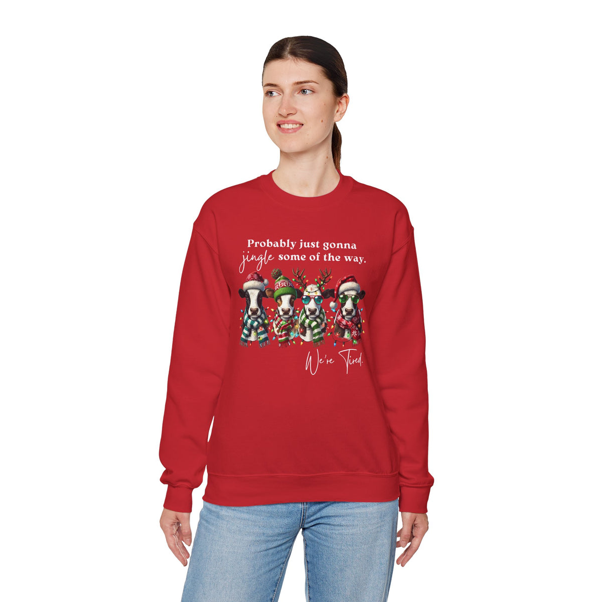 Christmas Cows - Probably Just Gonna Jingle Some Of The Way – Gildan Heavy Blend | Trendy Women’s and Men's Soft Sweatshirt. Direct to Garment. Printed & Shipped in the USA. Unisex Sizes.