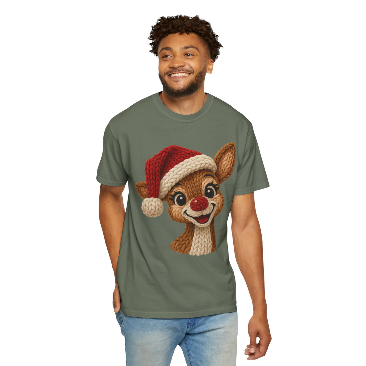 Cute Rudolph Faux Knit Look Reindeer w/Santa Hat - Comfort Colors | Trendy Women's T-Shirt. Direct to Garment. Printed & Shipped in the USA. Unisex Sizes.