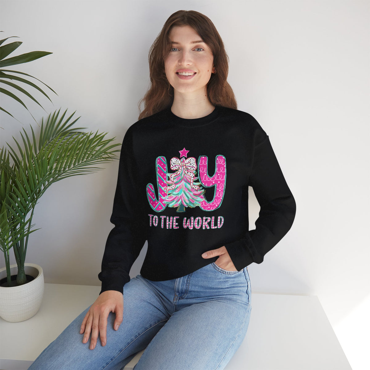 Joy to the World w/Christmas Tree Pink and Teal – Gildan Heavy Blend | Trendy Women’s Soft Sweatshirt. Direct to Garment. Printed & Shipped in the USA. Unisex Sizes.