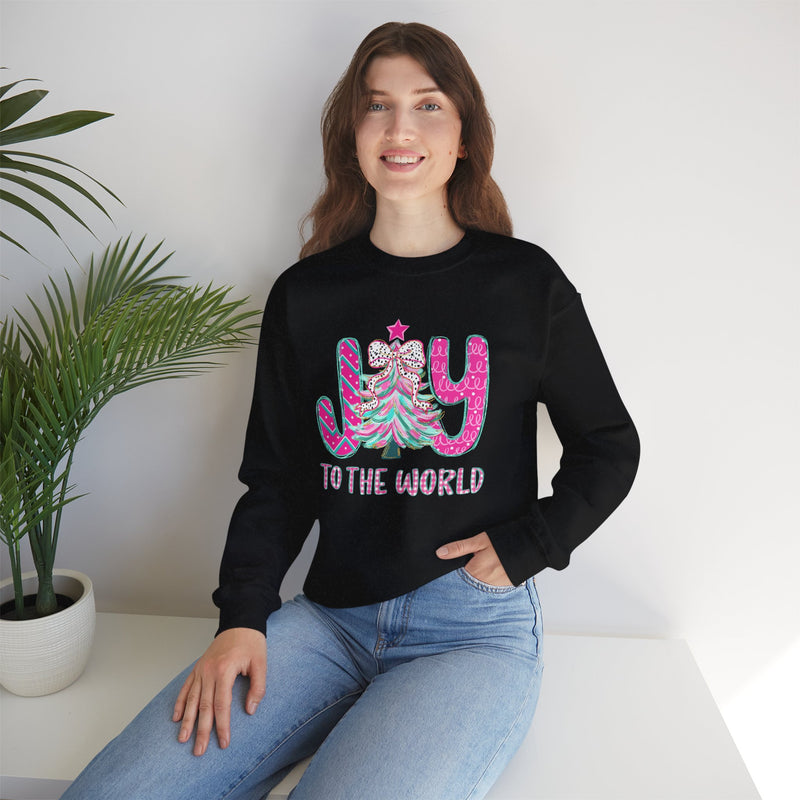 Joy to the World w/Christmas Tree Pink and Teal – Gildan Heavy Blend | Trendy Women’s Soft Sweatshirt. Direct to Garment. Printed & Shipped in the USA. Unisex Sizes.