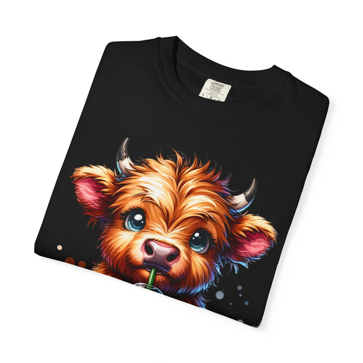 Coffee Addict Highland Cow Drinking Iced Coffee - Comfort Colors | Trendy Women's T-Shirt. Direct to Garment. Printed & Shipped in the USA. Unisex Sizes.