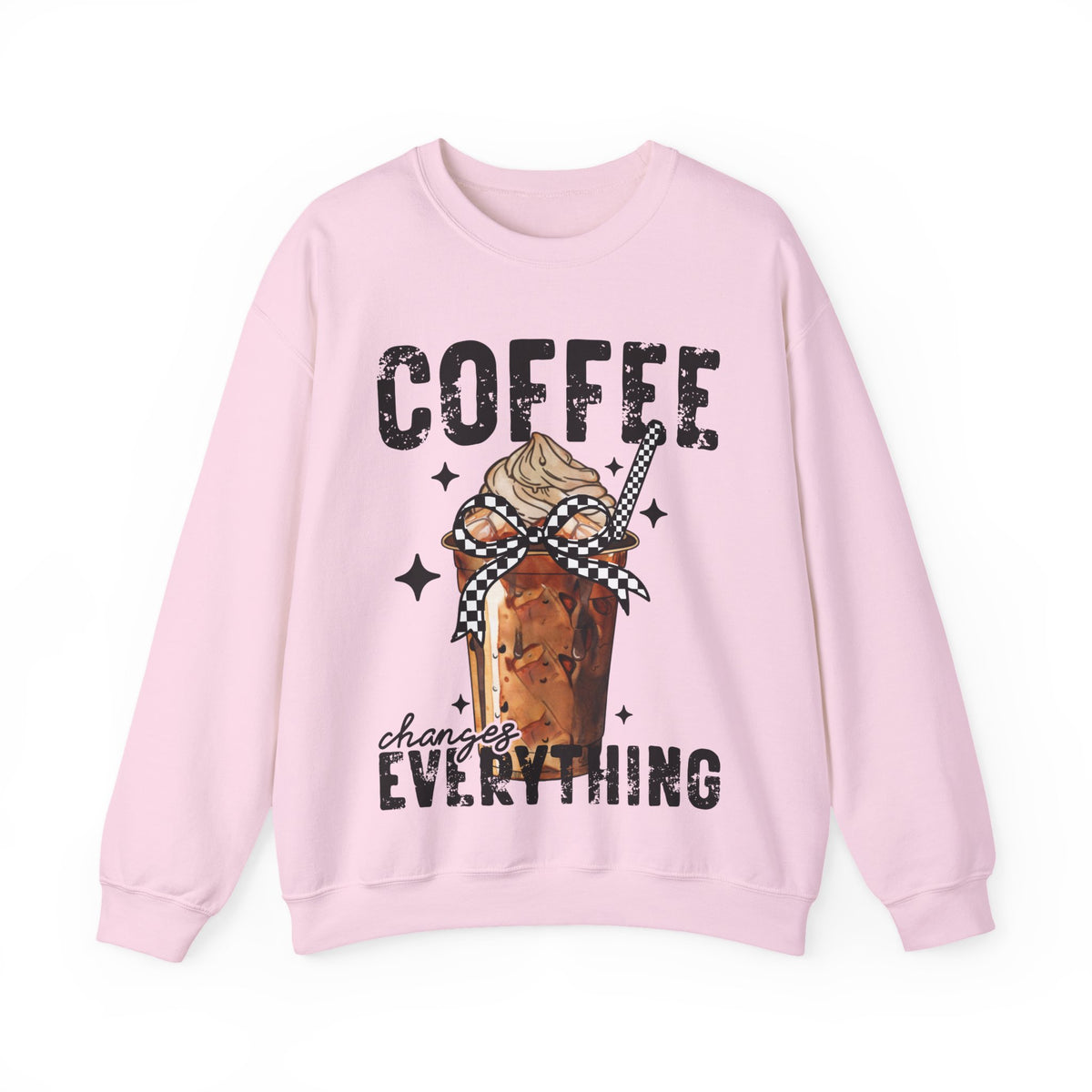Coffee Changes Everything, Iced Coffee, Coffee Lovers – Gildan Heavy Blend | Trendy Women’s Soft Sweatshirt. Direct to Garment. Printed & Shipped in the USA. Unisex Sizes.
