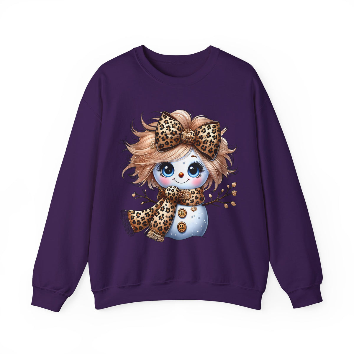Snowgirl Cute Leopard Bow Snowman, Winter Cozy – Gildan Heavy Blend | Trendy Women’s Soft Sweatshirt. Direct to Garment. Printed & Shipped in the USA. Unisex Sizes.