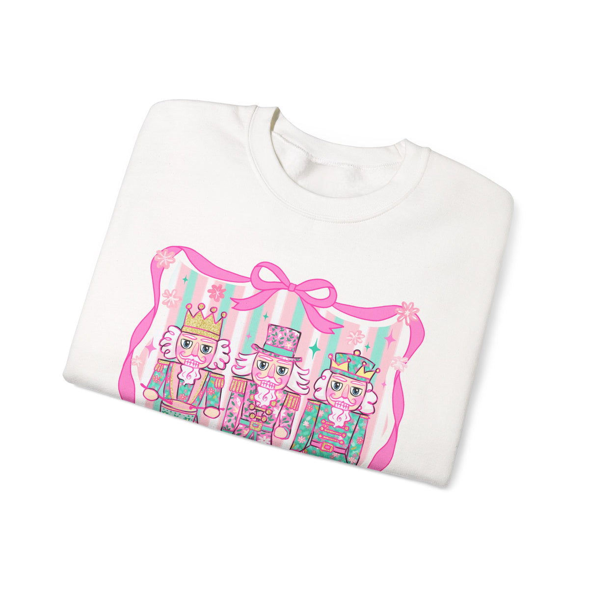 Coquette Pastel Christmas Nutcracker Trio Pink and Green – Gildan Heavy Blend | Trendy Women’s Soft Sweatshirt. Direct to Garment. Printed & Shipped in the USA. Unisex Sizes.