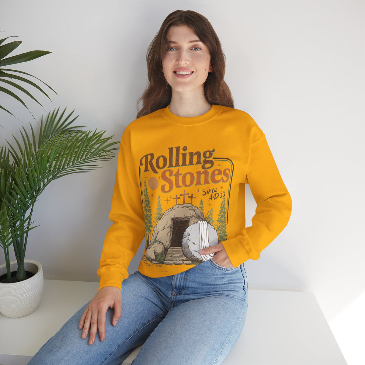 Rolling Stones "Since AD33" Easter Empty Tomb Christian – Gildan Heavy Blend | Trendy Men's and Women’s Soft Sweatshirt. Direct to Garment. Printed & Shipped in the USA. Unisex Sizes.