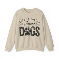 Life is Better With Jesus and My Dogs – Gildan Heavy Blend | Trendy Women’s and Men's Soft Sweatshirt. Direct to Garment. Printed & Shipped in the USA. Unisex Sizes.