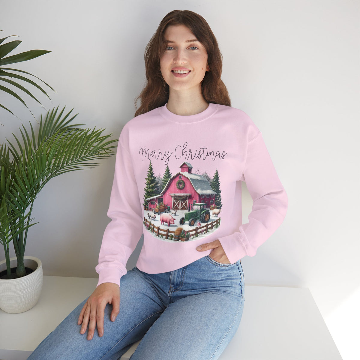 Merry Christmas Pink Barn Farm Animals – Gildan Heavy Blend | Trendy Women’s Soft Sweatshirt. Direct to Garment. Printed & Shipped in the USA. Unisex Sizes.
