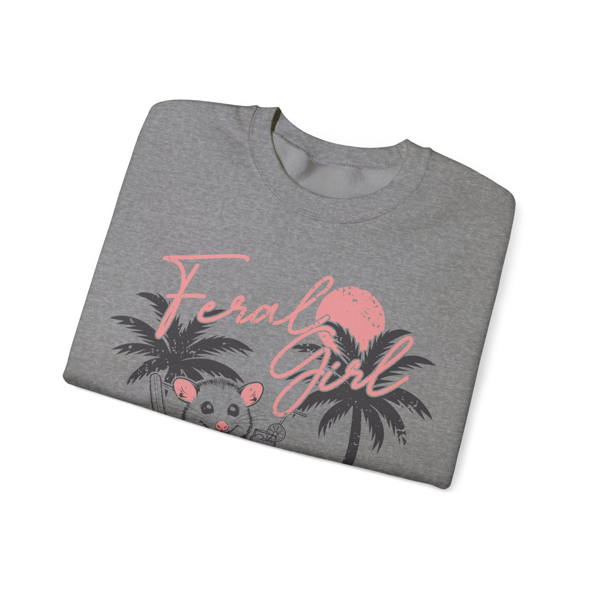 Feral Girl Summer, Possum on a Beach – Gildan Heavy Blend | Trendy Women’s Soft Sweatshirt. Direct to Garment. Printed & Shipped in the USA. Unisex Sizes.