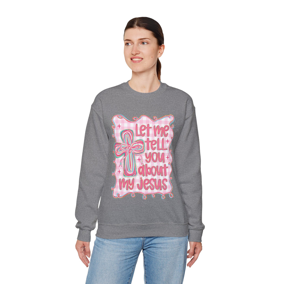 Let Me Tell You About My Jesus, Pink and Green – Gildan Heavy Blend | Trendy Women’s Soft Sweatshirt. Direct to Garment. Printed & Shipped in the USA. Unisex Sizes.