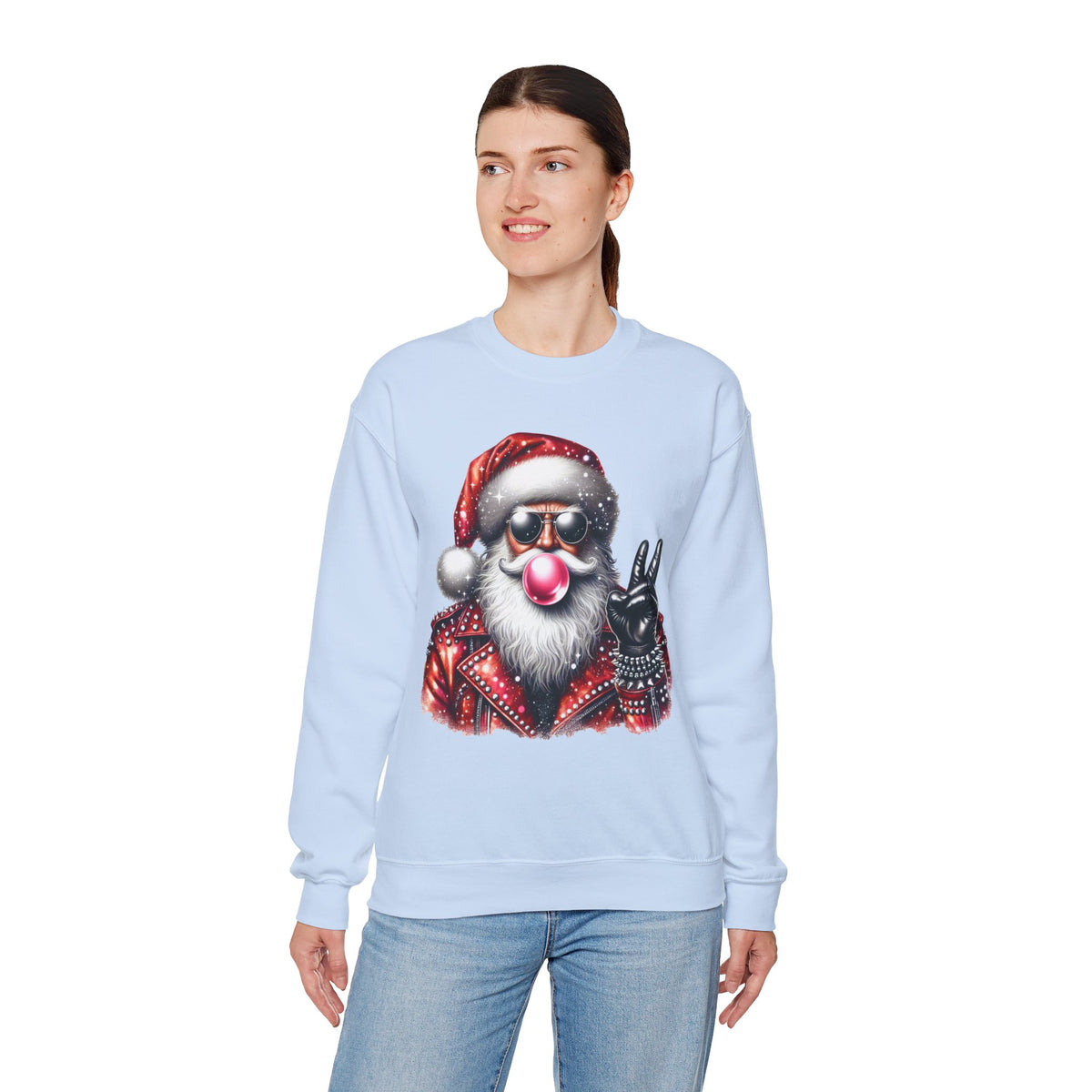 Biker Santa Leather Jacket Bubblegum – Gildan Heavy Blend | Trendy Women’s and Men's Soft Sweatshirt. Direct to Garment. Printed & Shipped in the USA. Unisex Sizes.