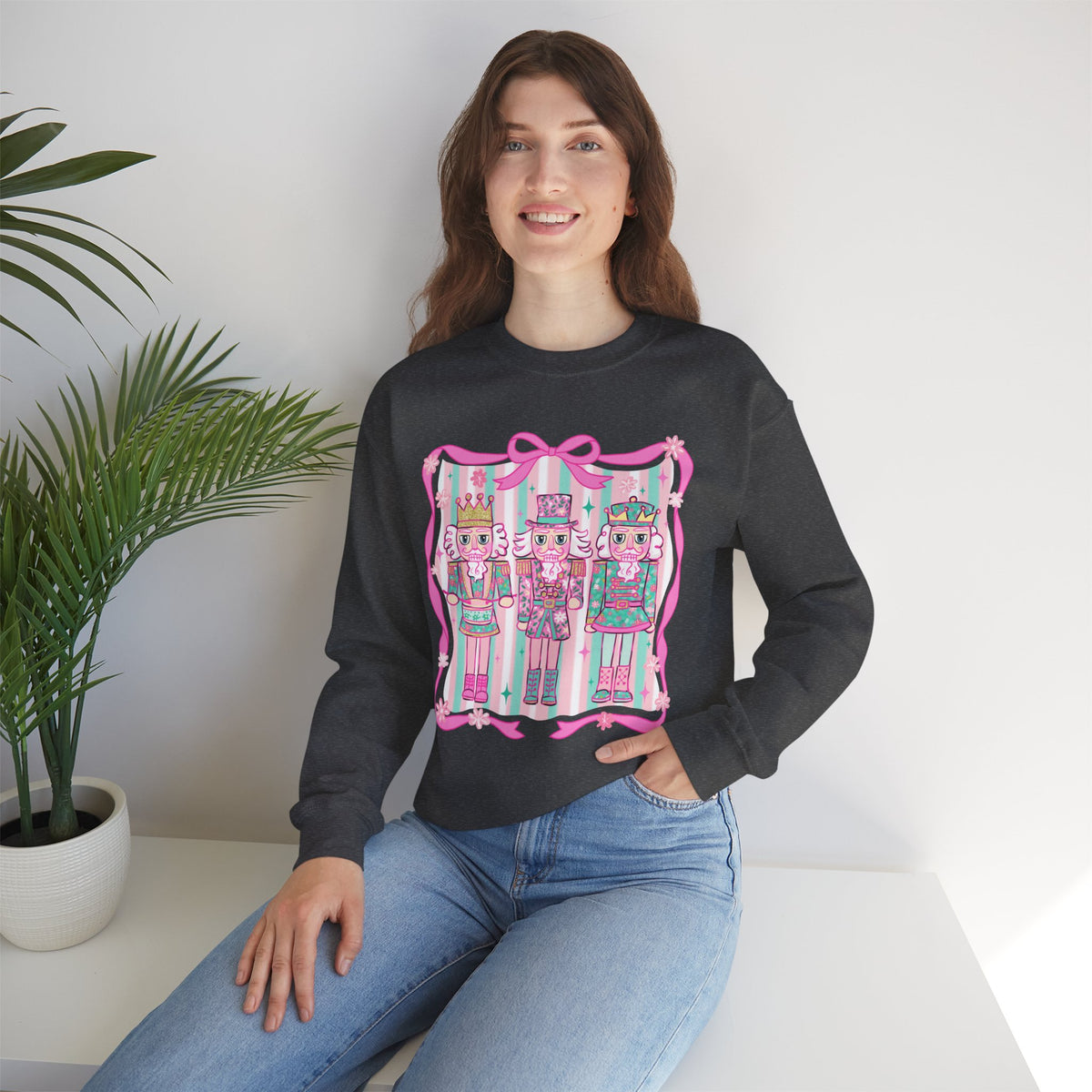 Coquette Pastel Christmas Nutcracker Trio Pink and Green – Gildan Heavy Blend | Trendy Women’s Soft Sweatshirt. Direct to Garment. Printed & Shipped in the USA. Unisex Sizes.
