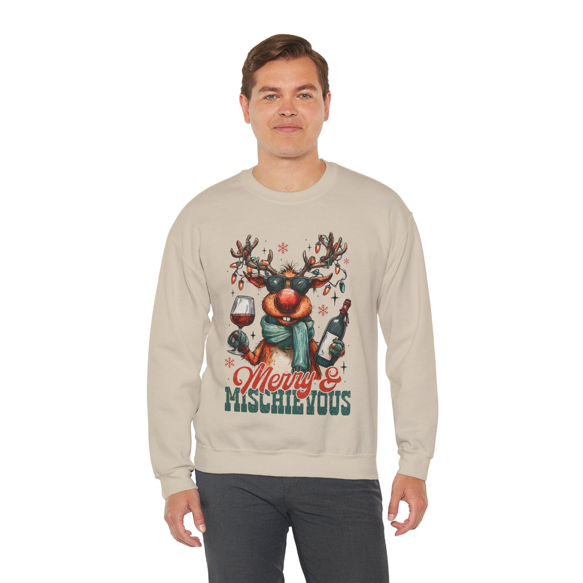 Merry & Mischievous Reindeer – Gildan Heavy Blend | Trendy Women’s and Men's Soft Sweatshirt. Direct to Garment. Printed & Shipped in the USA. Unisex Sizes.