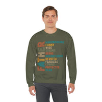 Father: Hardworking, Funny, Wise – Gildan Heavy Blend | Trendy Men's Soft Sweatshirt. Direct to Garment. Printed & Shipped in the USA. Unisex Sizes.