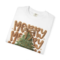 Merry Merry Merry Christmas, Faux Latch Hook Yarn - Comfort Colors | Trendy Women's T-Shirt. Direct to Garment. Printed & Shipped in the USA. Unisex Sizes.