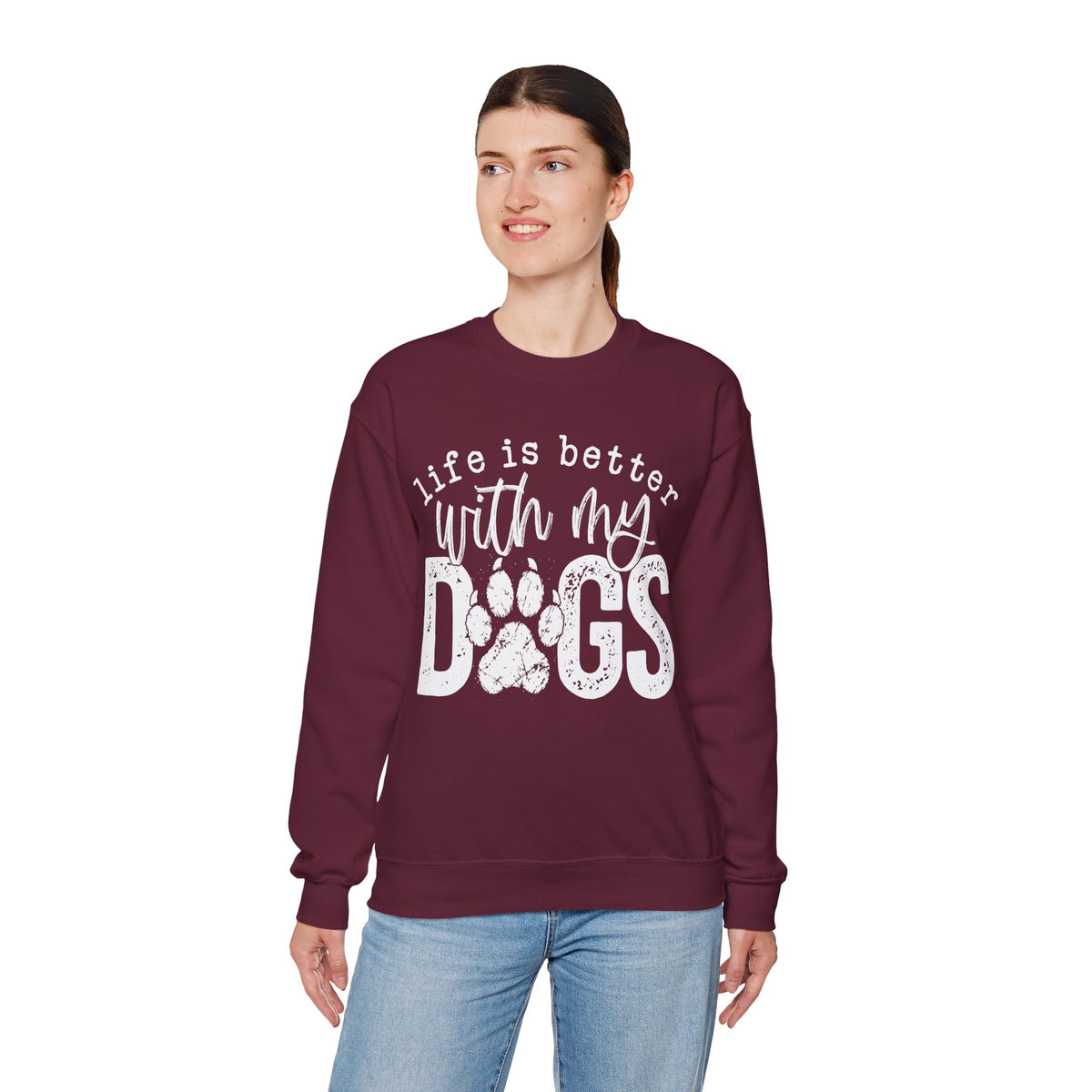 Life Is Better With My Dogs, Distressed – Gildan Heavy Blend | Trendy Women’s and Men's Soft Sweatshirt. Direct to Garment. Printed & Shipped in the USA. Unisex Sizes.
