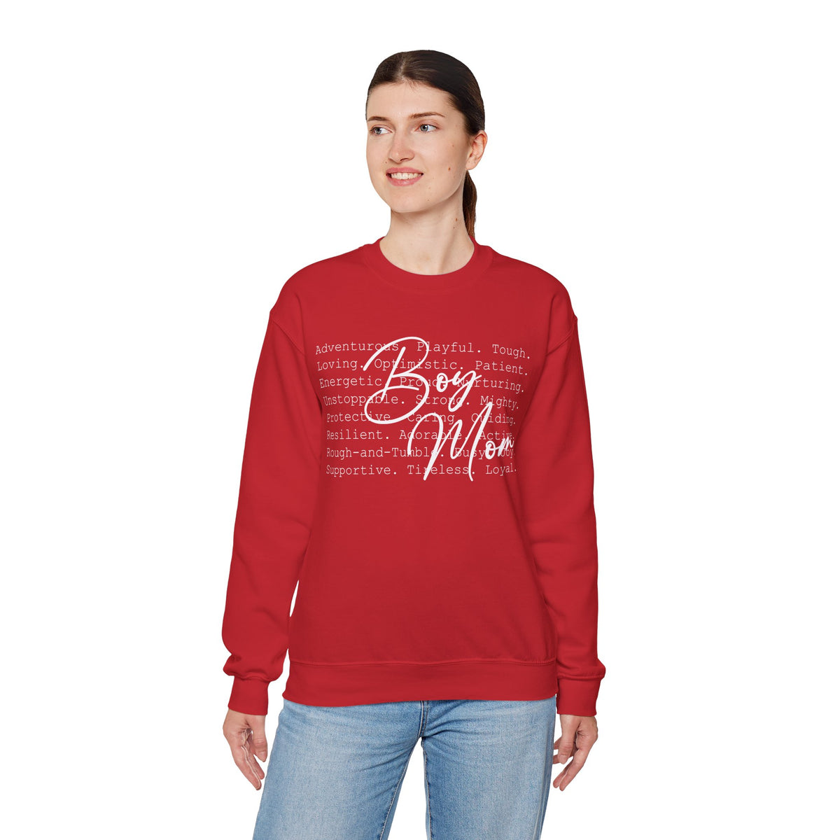 Boy Mom Typography – Gildan Heavy Blend | Trendy Women’s Soft Sweatshirt. Direct to Garment. Printed & Shipped in the USA. Unisex Sizes.