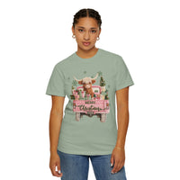 Highland Cow in Pink Truck Merry Christmas Holiday Farmhouse - Comfort Colors | Trendy Women's T-Shirt. Direct to Garment. Printed & Shipped in the USA. Unisex Sizes.