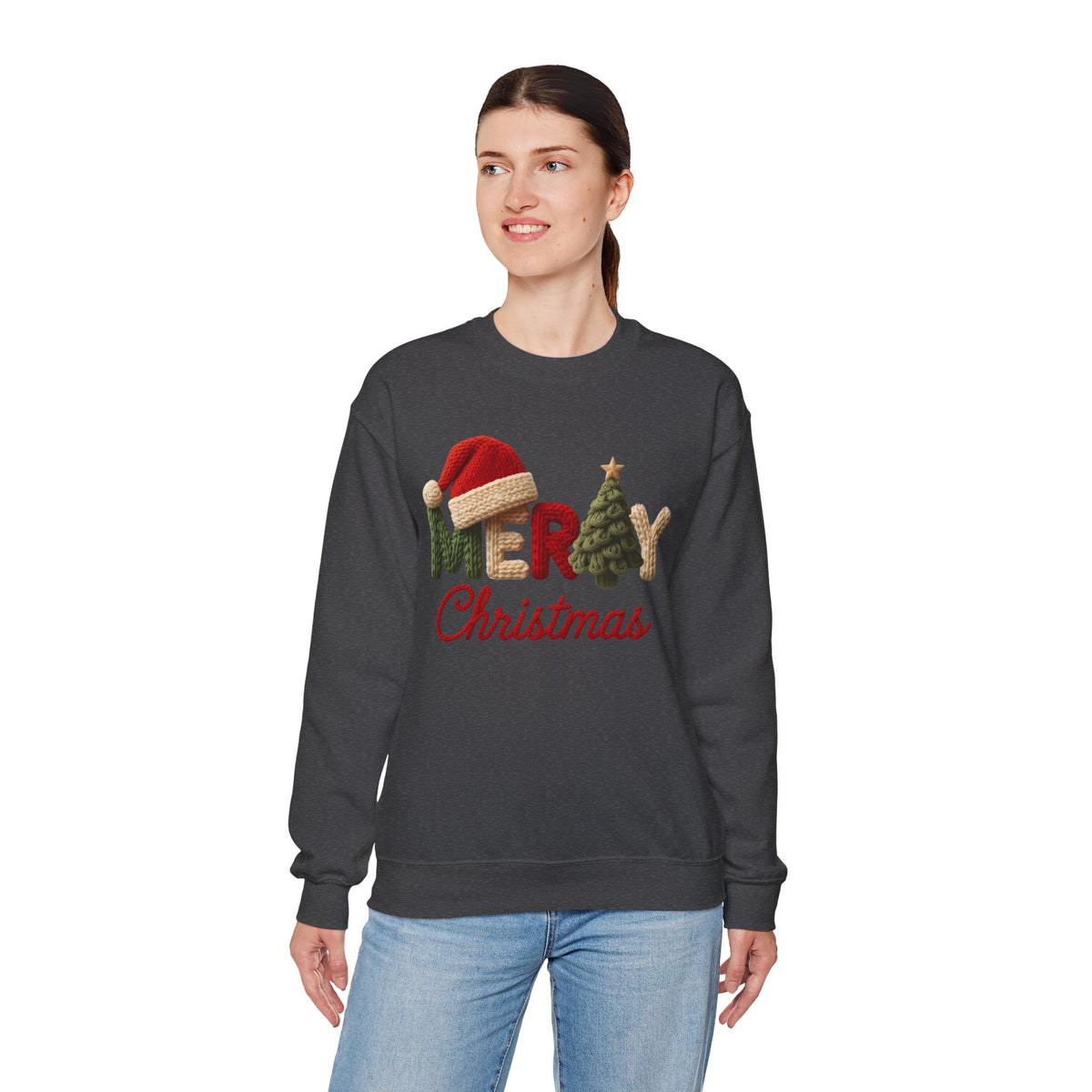 Merry Christmas Faux Yarn w/Santa Hat & Tree – Gildan Heavy Blend | Trendy Women’s Soft Sweatshirt. Direct to Garment. Printed & Shipped in the USA. Unisex Sizes.