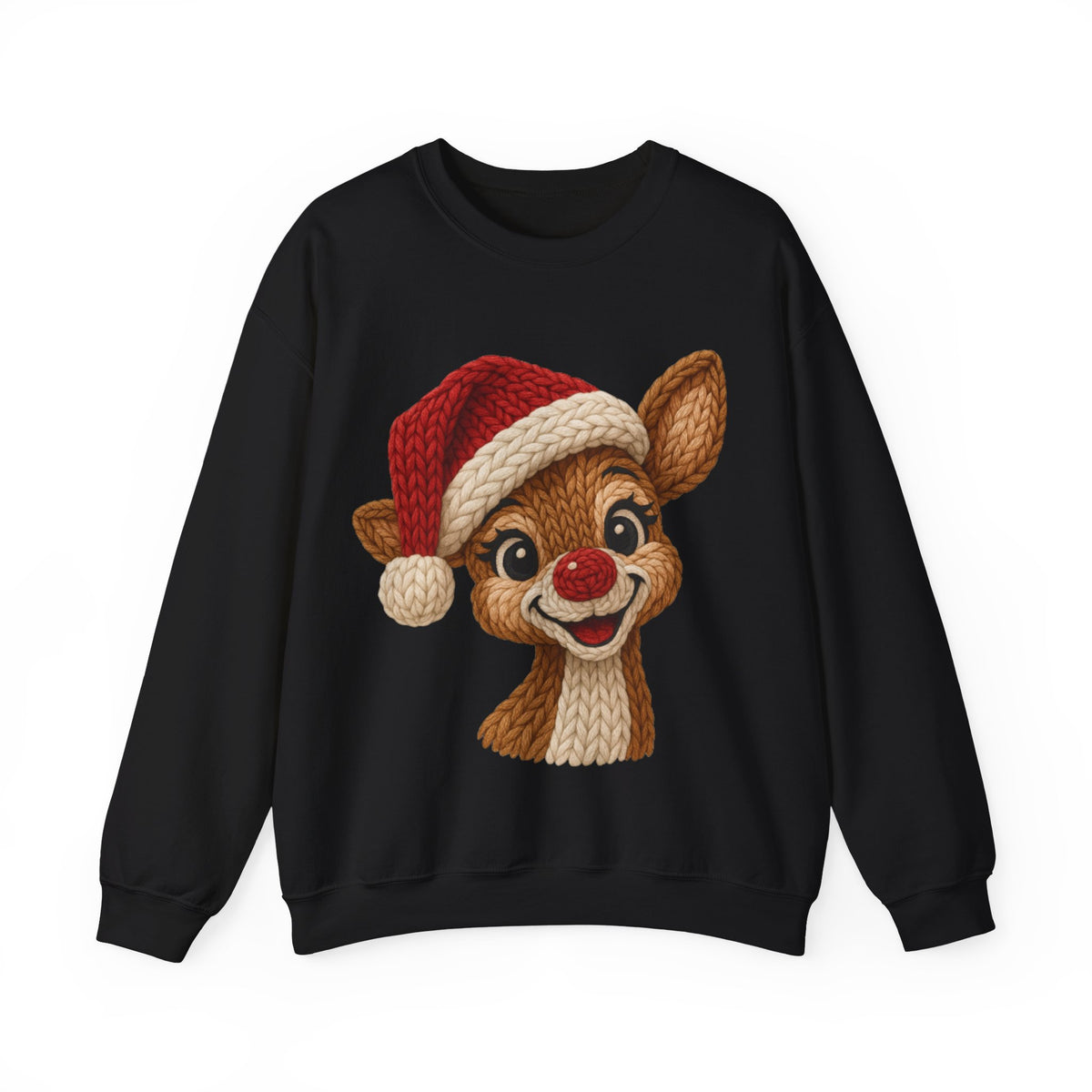 Cute Rudolph Faux Knit Look Reindeer w/Santa Hat – Gildan Heavy Blend | Trendy Women’s Soft Sweatshirt. Direct to Garment. Printed & Shipped in the USA. Unisex Sizes.