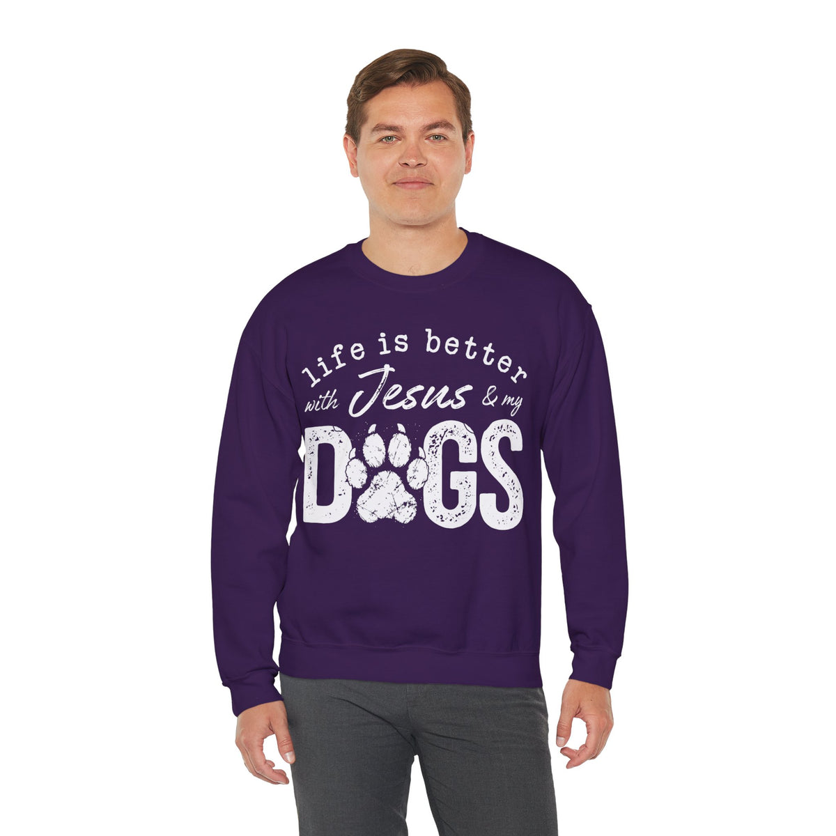 Life is Better With Jesus and My Dogs – Gildan Heavy Blend | Trendy Women’s and Men's Soft Sweatshirt. Direct to Garment. Printed & Shipped in the USA. Unisex Sizes.