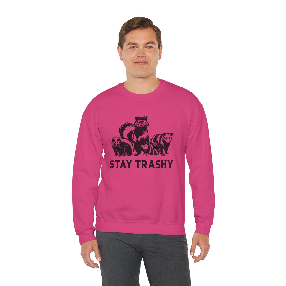 Stay Trashy, Skunk Raccoon Possum – Gildan Heavy Blend | Trendy Women’s and Men's Soft Sweatshirt. Direct to Garment. Printed & Shipped in the USA. Unisex Sizes.