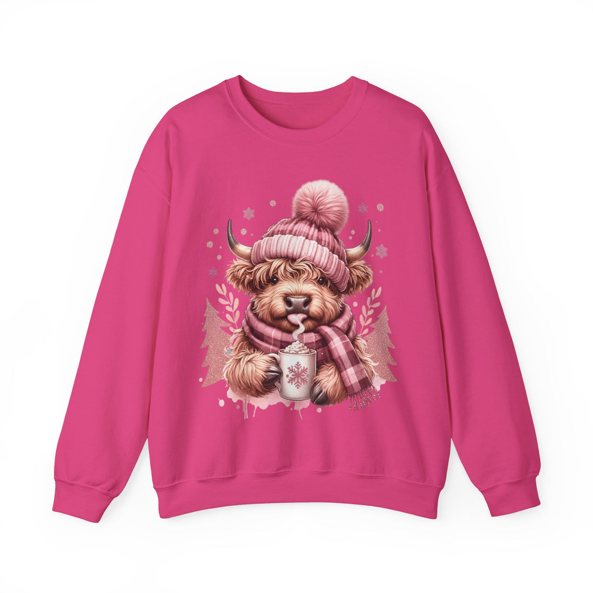 Cozy Highland Cow, Winter Coffee Mug & Scarf Pink – Gildan Heavy Blend | Trendy Women’s Soft Sweatshirt. Direct to Garment. Printed & Shipped in the USA. Unisex Sizes.