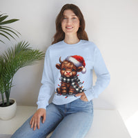 Cute Highland Cow Santa Hat Scarf Christmas Lights – Gildan Heavy Blend | Trendy Women’s Soft Sweatshirt. Direct to Garment. Printed & Shipped in the USA. Unisex Sizes.