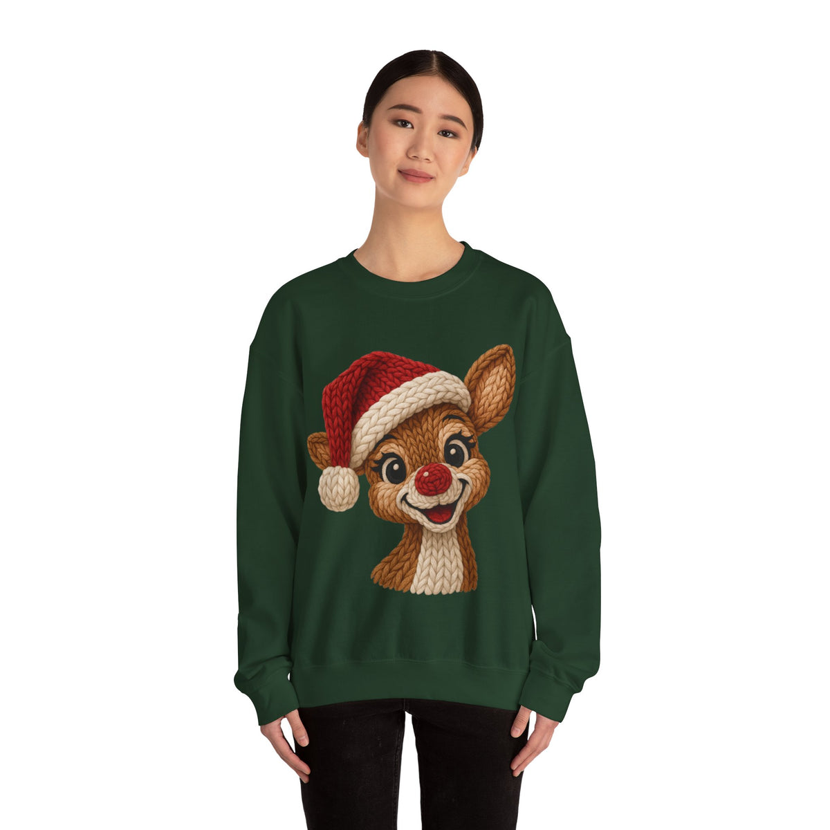 Cute Rudolph Faux Knit Look Reindeer w/Santa Hat – Gildan Heavy Blend | Trendy Women’s Soft Sweatshirt. Direct to Garment. Printed & Shipped in the USA. Unisex Sizes.