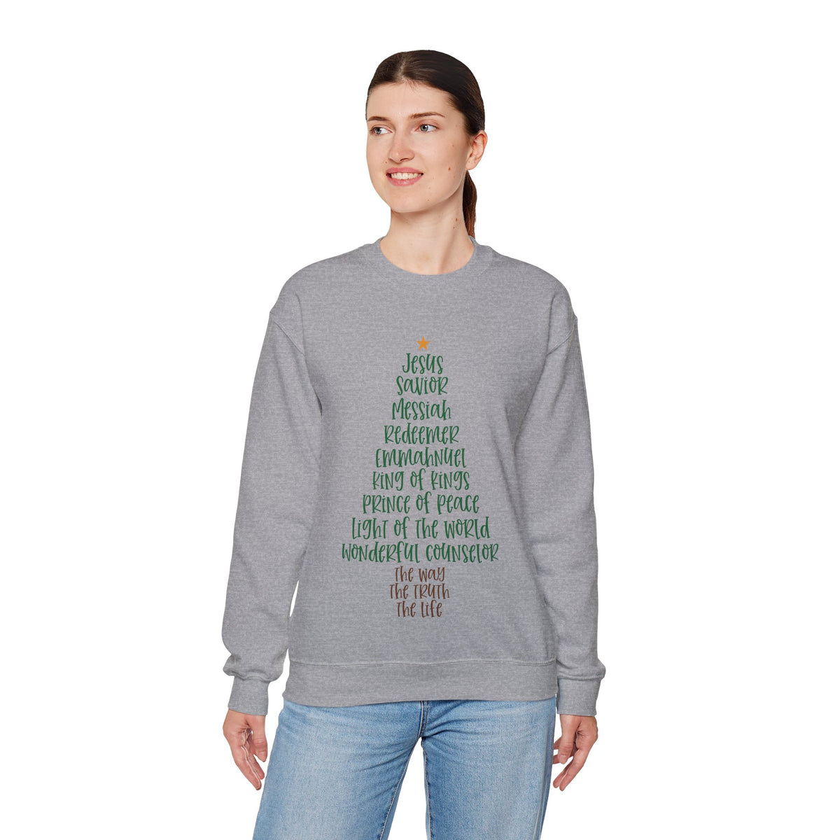 Jesus Names Christmas Tree – Gildan Heavy Blend | Trendy Women’s Soft Sweatshirt. Direct to Garment. Printed & Shipped in the USA. Unisex Sizes.