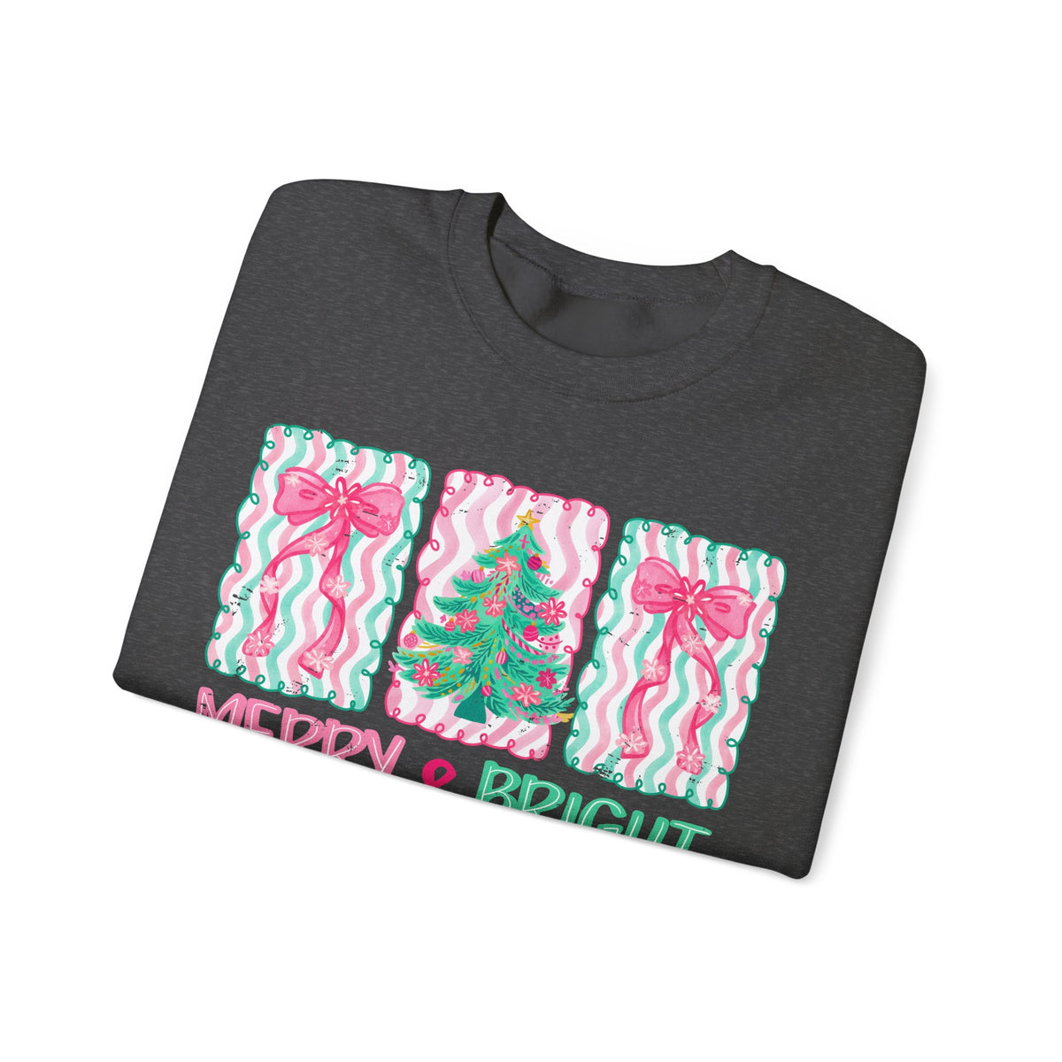 Merry & Bright Christmas - Pink & Green Holiday Tree Design – Gildan Heavy Blend | Trendy Women’s Soft Sweatshirt. Direct to Garment. Printed & Shipped in the USA. Unisex Sizes.