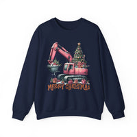 Excavator Merry Christmas Construction – Gildan Heavy Blend | Trendy Women’s Soft Sweatshirt. Direct to Garment. Printed & Shipped in the USA. Unisex Sizes.