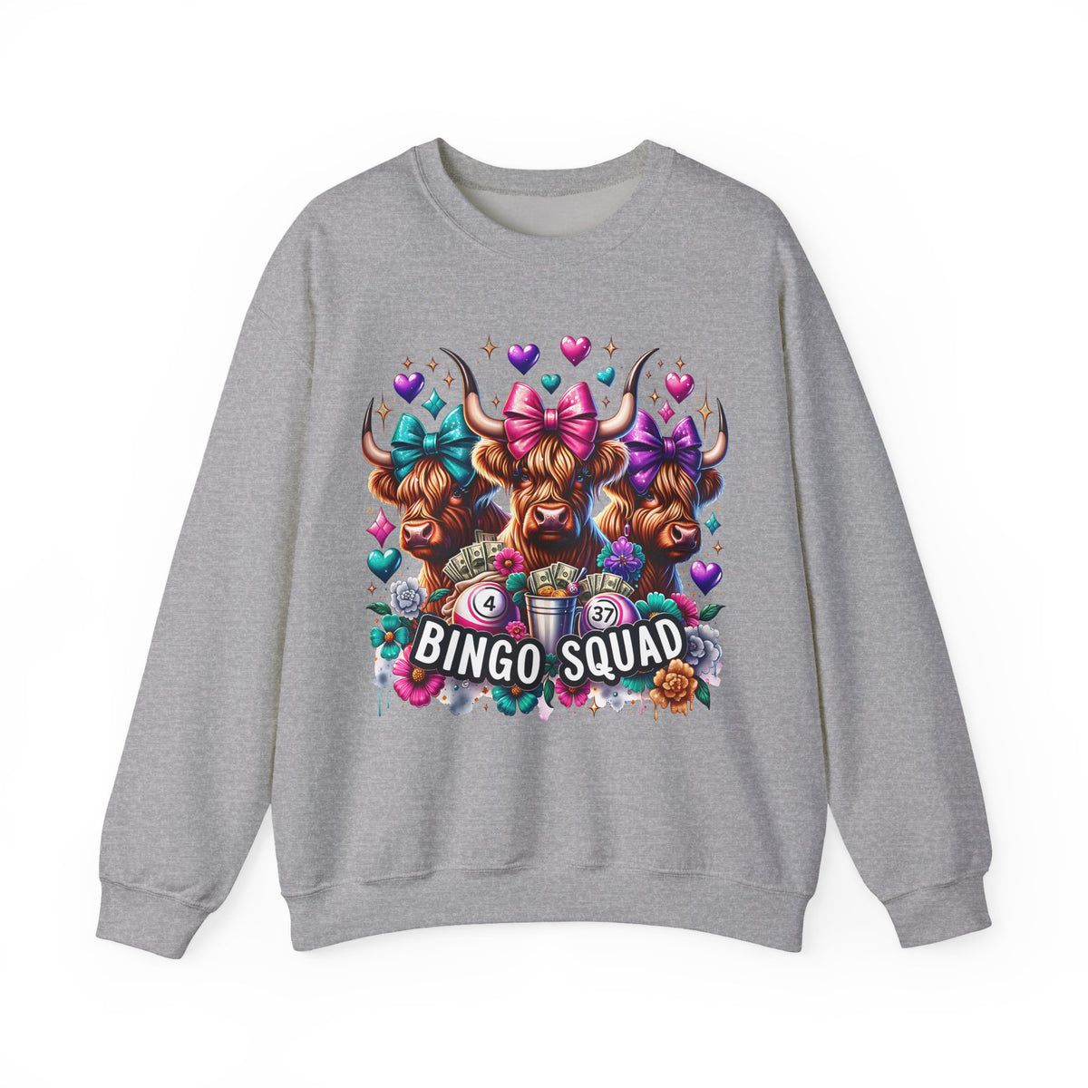 Cute Highland Cows Bingo Squad – Gildan Heavy Blend | Trendy Women’s Soft Sweatshirt. Direct to Garment. Printed & Shipped in the USA. Unisex Sizes.