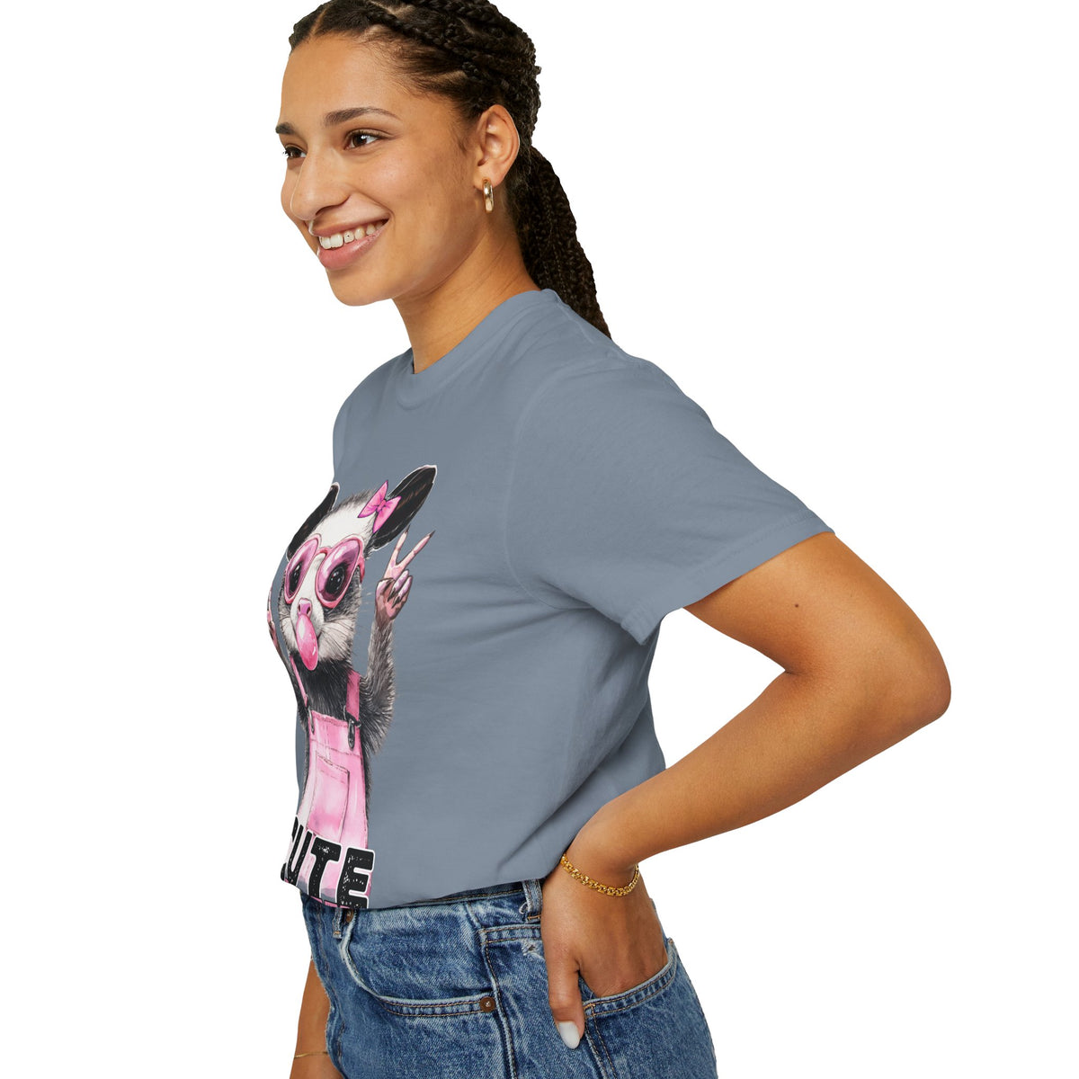 Cute But Feral, Possum in Pink Bibs - Comfort Colors | Trendy Women's T-Shirt. Direct to Garment. Printed & Shipped in the USA. Unisex Sizes.