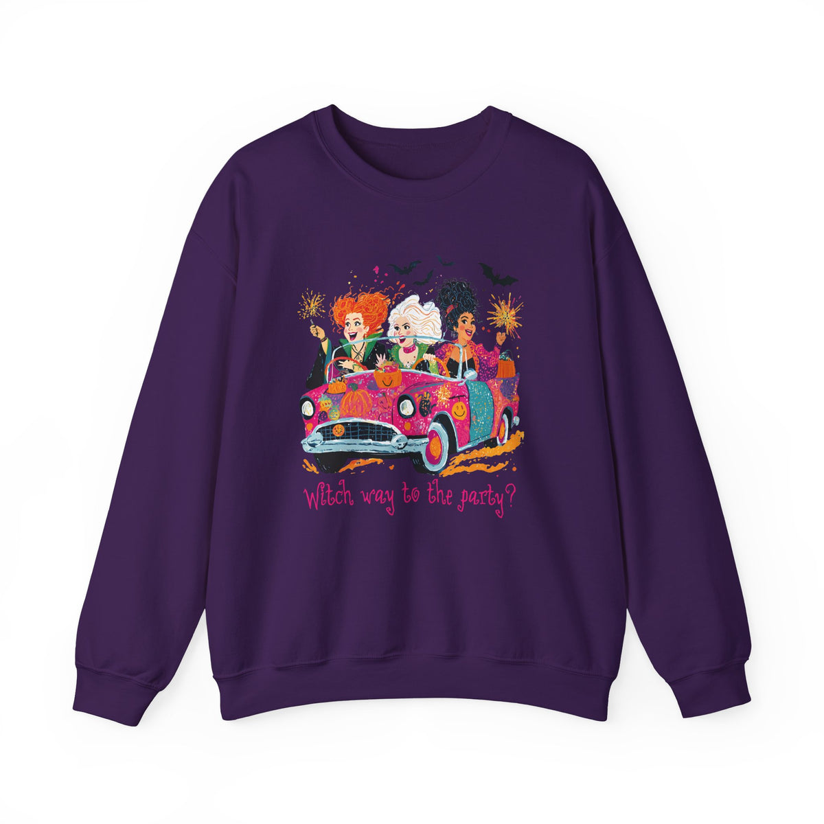 Witch Way to the Party? – Gildan Heavy Blend | Trendy Women’s Soft Sweatshirt. Direct to Garment. Printed & Shipped in the USA. Unisex Sizes.