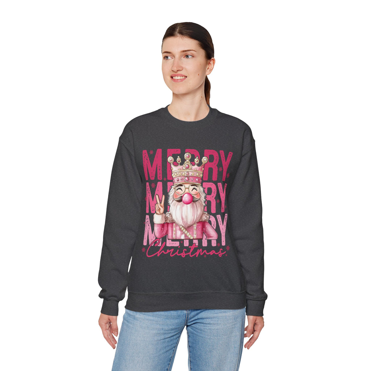 Merry Christmas - Cute Pink Bubblegum Nutcracker – Gildan Heavy Blend | Trendy Women’s Soft Sweatshirt. Direct to Garment. Printed & Shipped in the USA. Unisex Sizes.