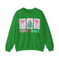 Merry & Bright Christmas - Pink & Green Holiday Tree Design – Gildan Heavy Blend | Trendy Women’s Soft Sweatshirt. Direct to Garment. Printed & Shipped in the USA. Unisex Sizes.