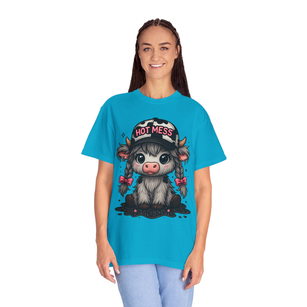 Cute Highland Cow 'Hot Mess' In Braids  - Comfort Colors | Trendy Women's T-Shirt. Direct to Garment. Printed & Shipped in the USA. Unisex Sizes.