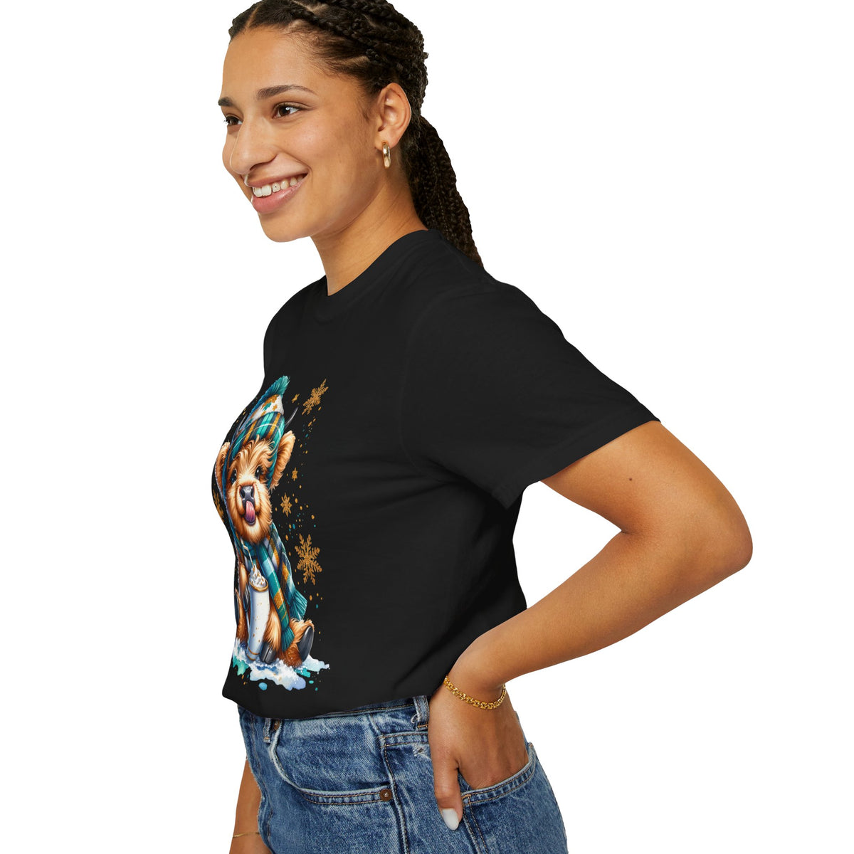 Winter Baby Highland Cow with Cocoa  - Comfort Colors | Trendy Women's T-Shirt. Direct to Garment. Printed & Shipped in the USA. Unisex Sizes.