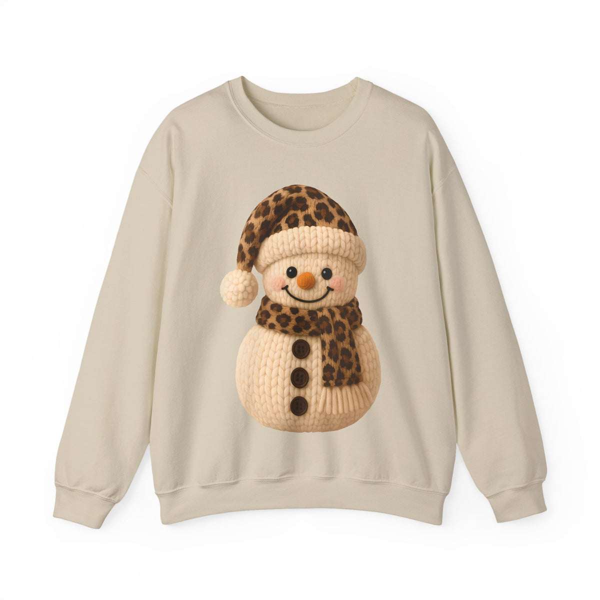 Cute Leopard Faux Knit Snowman Winter – Gildan Heavy Blend | Trendy Women’s Soft Sweatshirt. Direct to Garment. Printed & Shipped in the USA. Unisex Sizes.