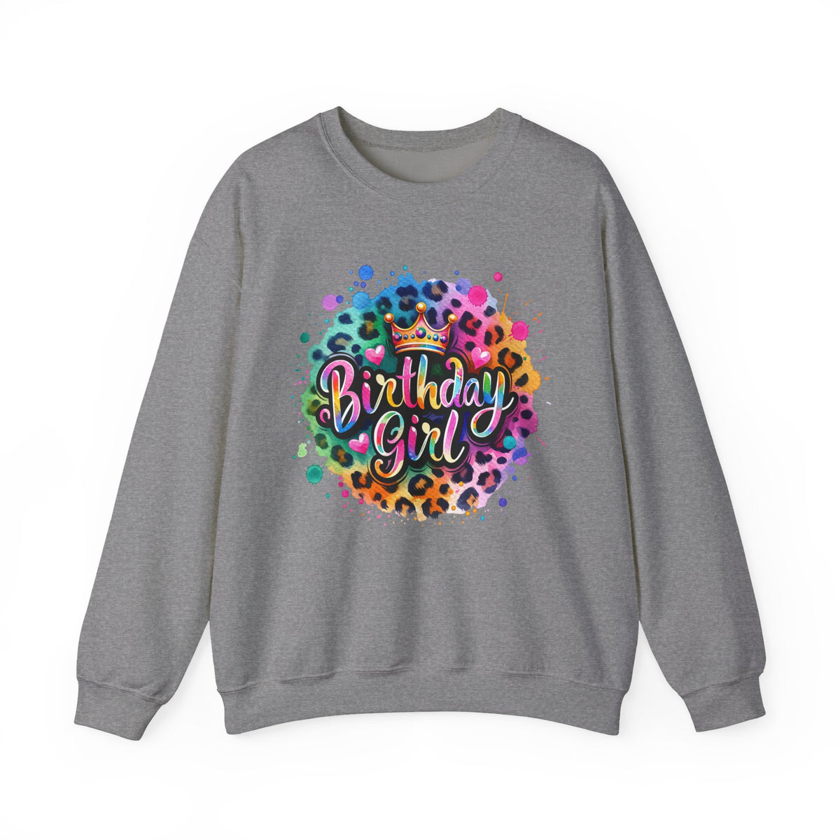 Birthday Girl, Neon Leopard – Gildan Heavy Blend | Trendy Women’s Soft Sweatshirt. Direct to Garment. Printed & Shipped in the USA. Unisex Sizes.