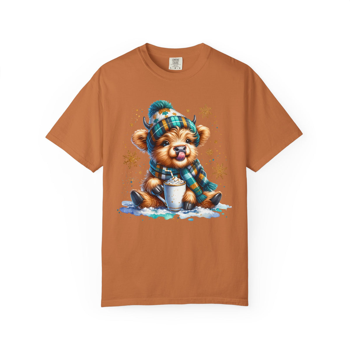 Winter Baby Highland Cow with Cocoa  - Comfort Colors | Trendy Women's T-Shirt. Direct to Garment. Printed & Shipped in the USA. Unisex Sizes.