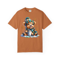Winter Baby Highland Cow with Cocoa  - Comfort Colors | Trendy Women's T-Shirt. Direct to Garment. Printed & Shipped in the USA. Unisex Sizes.
