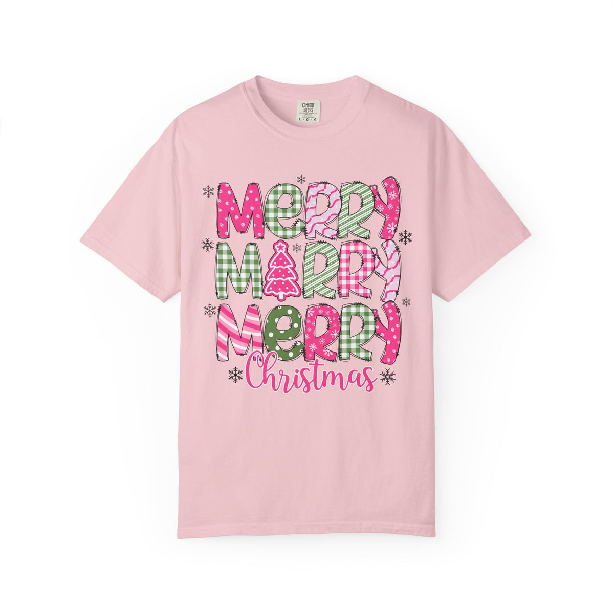 Merry Merry Merry Christmas, Festive Candy Cane & Pink and Green Plaid - Comfort Colors | Trendy Women's T-Shirt. Direct to Garment. Printed & Shipped in the USA. Unisex Sizes.