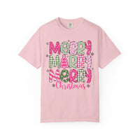 Merry Merry Merry Christmas, Festive Candy Cane & Pink and Green Plaid - Comfort Colors | Trendy Women's T-Shirt. Direct to Garment. Printed & Shipped in the USA. Unisex Sizes.