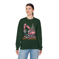 Excavator Merry Christmas Construction – Gildan Heavy Blend | Trendy Women’s Soft Sweatshirt. Direct to Garment. Printed & Shipped in the USA. Unisex Sizes.
