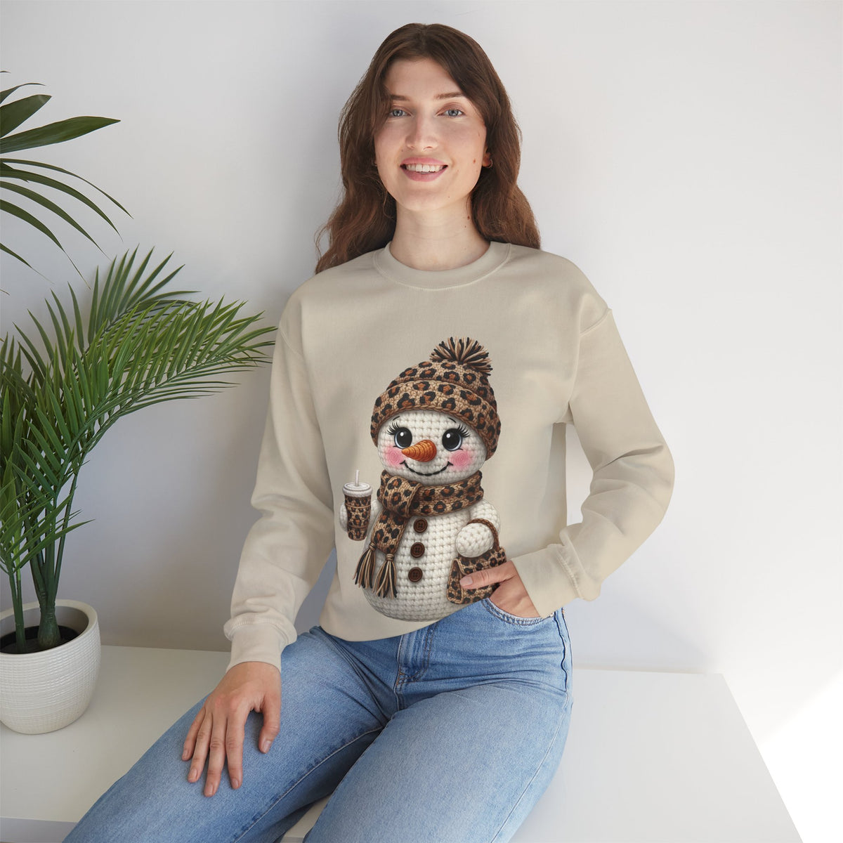 Leopard Snowman - Leopard Purse, Drink, Hat & Scarf – Gildan Heavy Blend | Trendy Women’s Soft Sweatshirt. Direct to Garment. Printed & Shipped in the USA. Unisex Sizes.
