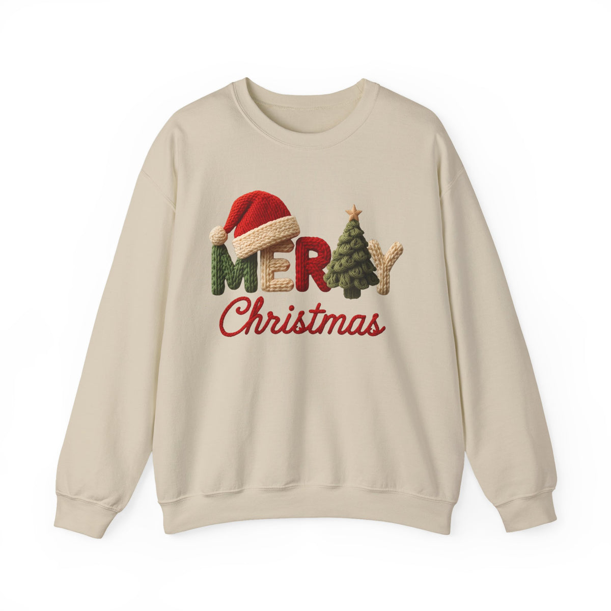 Merry Christmas Faux Yarn w/Santa Hat & Tree – Gildan Heavy Blend | Trendy Women’s Soft Sweatshirt. Direct to Garment. Printed & Shipped in the USA. Unisex Sizes.