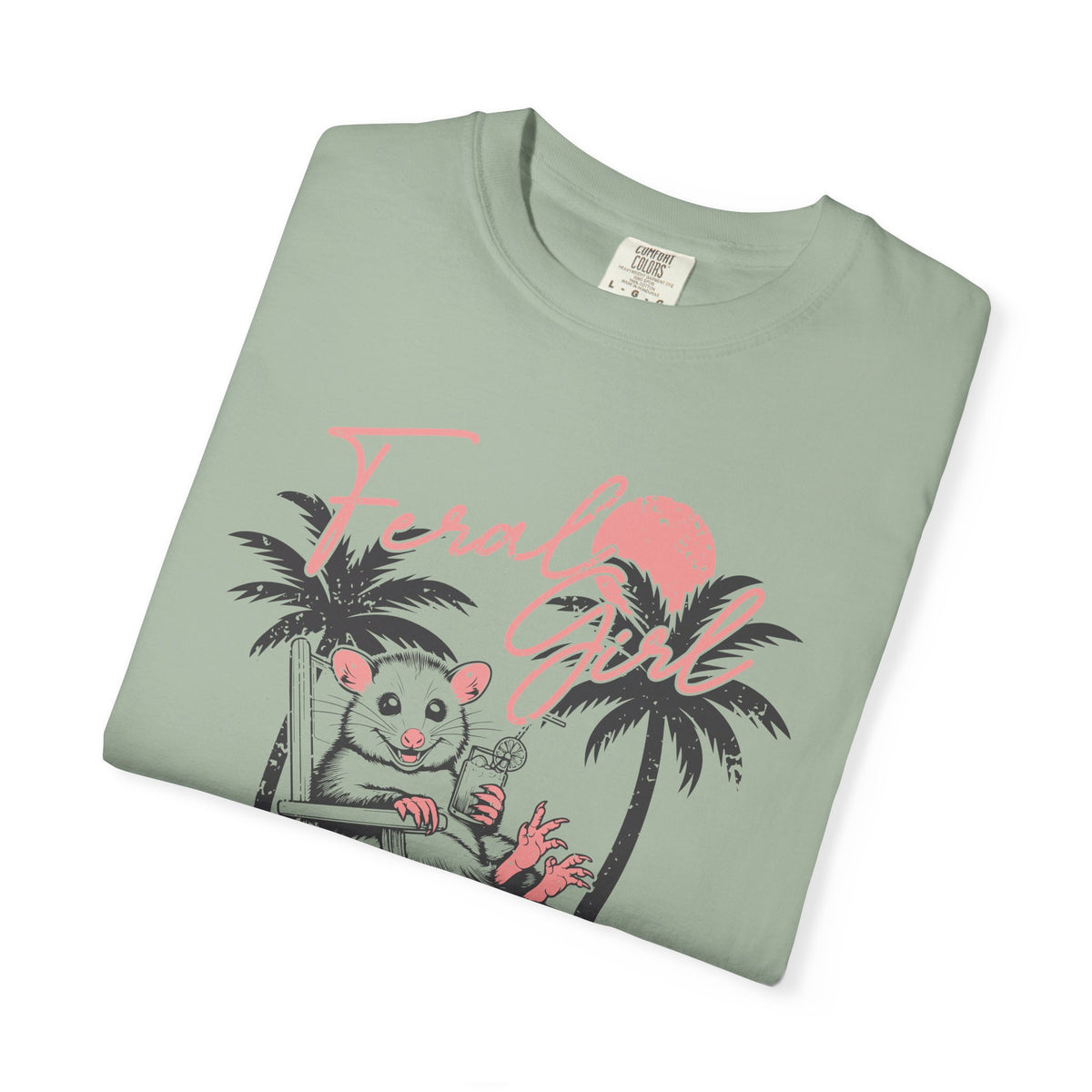 Feral Girl Summer, Possum on a Beach - Comfort Colors | Trendy Women's T-Shirt. Direct to Garment. Printed & Shipped in the USA. Unisex Sizes.