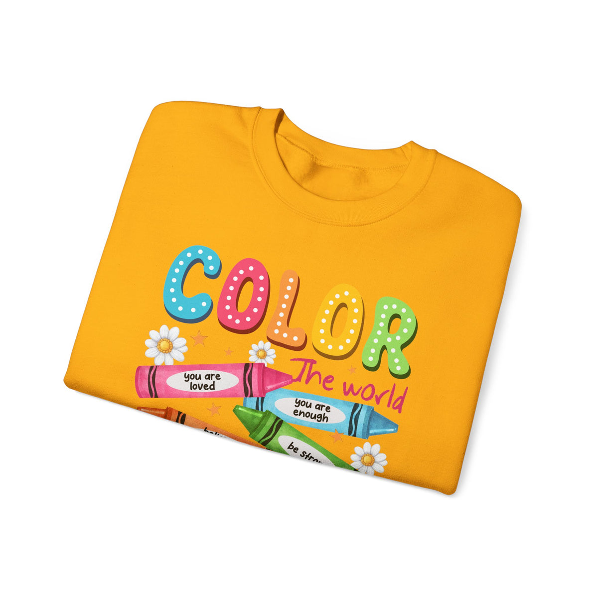 Color the World With Kindness Crayons, Great Teacher Gift – Gildan Heavy Blend | Trendy Women’s and Men's Soft Sweatshirt. Direct to Garment. Printed & Shipped in the USA. Unisex Sizes.