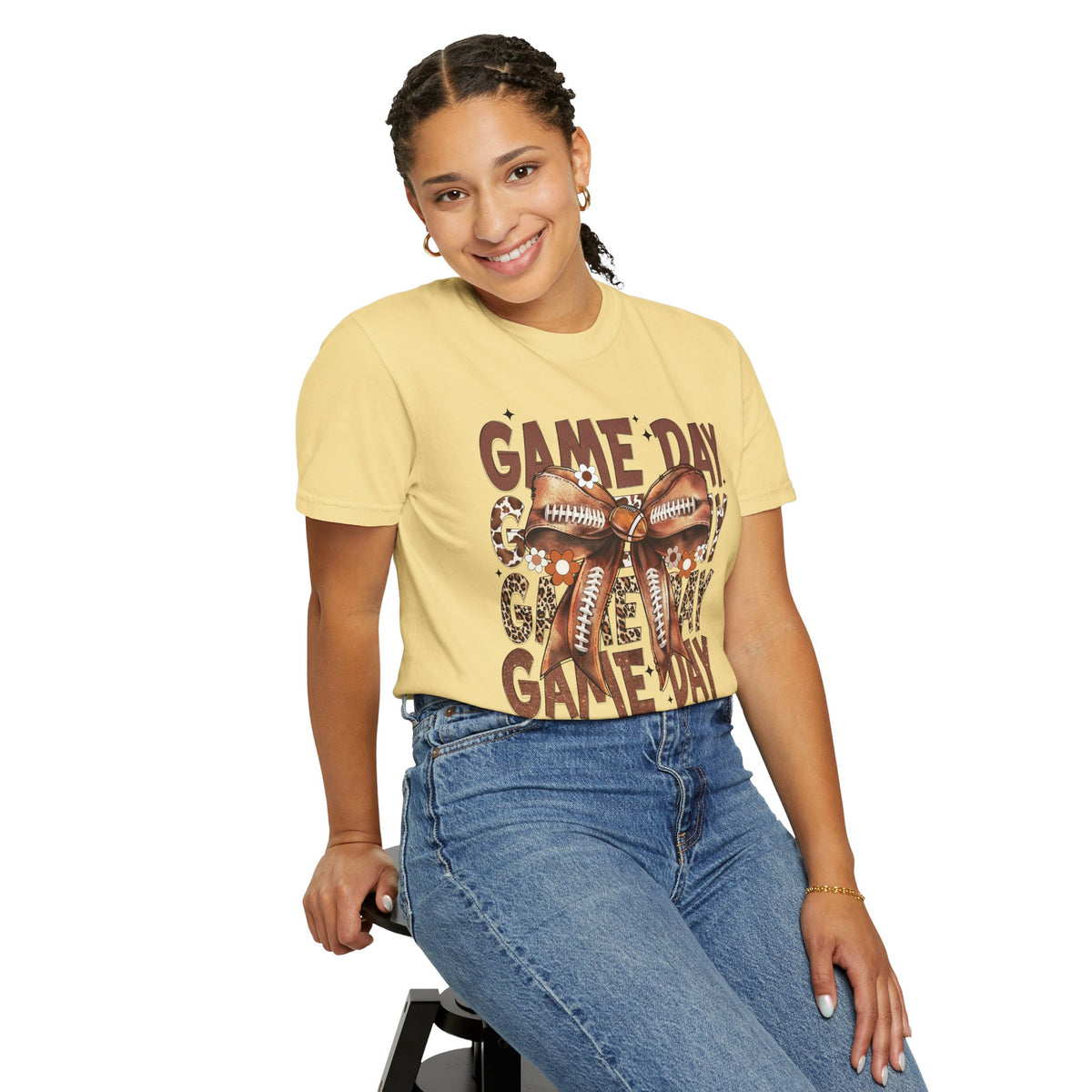 Game Day - Football Bow - Comfort Colors | Trendy Women's T-Shirt. Direct to Garment. Printed & Shipped in the USA. Unisex Sizes.